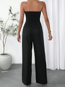 SHEIN Privé 前紐扣抹胸上衣和闊腿褲 - 黑色 - 查看 3