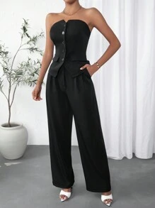 SHEIN Privé 前紐扣抹胸上衣和闊腿褲 - 黑色 - 查看 6