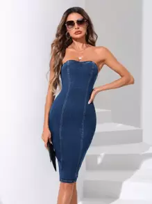 SHEIN Privé Váy denim nữ Chia Dây kéo màu trơn Thanh lịch - Màu xanh lam - Xem 1