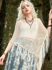 ROMWE Hippie 鏤空流蘇下擺針織斗篷 - 米色 - 查看 1