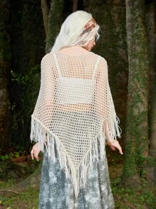 ROMWE Hippie 鏤空流蘇下擺針織斗篷 - 米色 - 查看 2