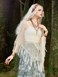 ROMWE Hippie 鏤空流蘇下擺針織斗篷 - 米色 - 查看 6