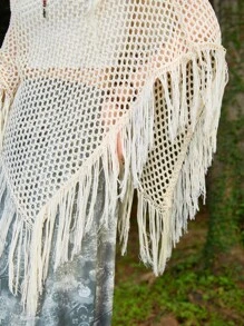 ROMWE Hippie 鏤空流蘇下擺針織斗篷 - 米色 - 查看 7