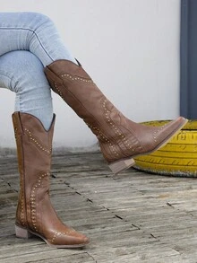 帶釘子的復古西部風格靴子，粗跟和尖頭，女士牛仔靴 - 棕色 - 查看 1