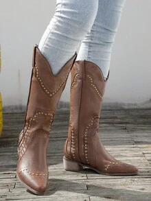 帶釘子的復古西部風格靴子，粗跟和尖頭，女士牛仔靴 - 棕色 - 查看 2