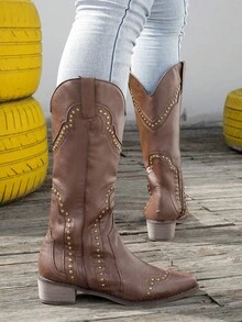 帶釘子的復古西部風格靴子，粗跟和尖頭，女士牛仔靴 - 棕色 - 查看 3