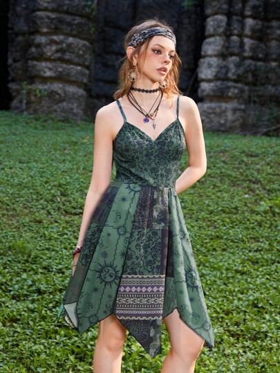 Hippie Patchwork Print Hanky Hem Cami Dress