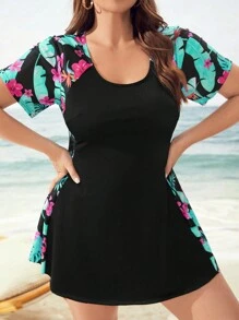 Swim Lushoire 夏季海滩大码热带印花插肩袖泳衣 - 彩色 - 查看 3