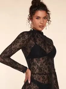 SHEIN BAE 女士純色立領花邊高領連身褲 - 黑色 - 查看 5