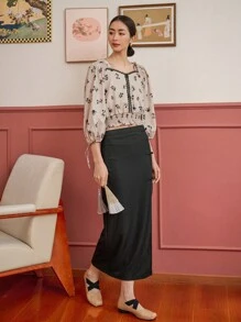 DAZY 印花鏤空蕾絲花邊燈籠袖襯衫 - 卡其色 - 查看 4