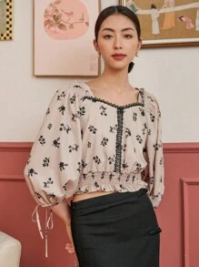 DAZY 印花鏤空蕾絲花邊燈籠袖襯衫 - 卡其色 - 查看 6