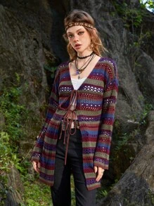 ROMWE Hippie Sọc Xu hướng: Cắt giảm Tie Trước Áo len Mở - Nhiều màu - Xem 6