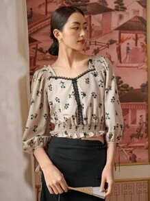 DAZY 印花鏤空蕾絲花邊燈籠袖襯衫 - 卡其色 - 查看 7