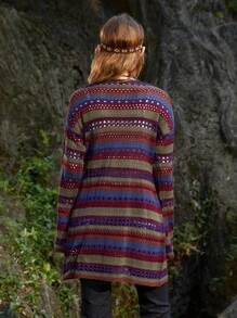 ROMWE Hippie Sọc Xu hướng: Cắt giảm Tie Trước Áo len Mở - Nhiều màu - Xem 2