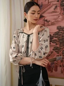 DAZY 印花鏤空蕾絲花邊燈籠袖襯衫 - 卡其色 - 查看 8