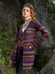 ROMWE Hippie Sọc Xu hướng: Cắt giảm Tie Trước Áo len Mở - Nhiều màu - Xem 3