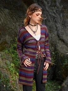 ROMWE Hippie Sọc Xu hướng: Cắt giảm Tie Trước Áo len Mở - Nhiều màu - Xem 4