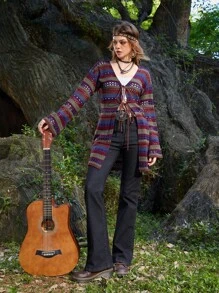 ROMWE Hippie Sọc Xu hướng: Cắt giảm Tie Trước Áo len Mở - Nhiều màu - Xem 5