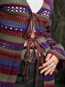 ROMWE Hippie Sọc Xu hướng: Cắt giảm Tie Trước Áo len Mở - Nhiều màu - Xem 7