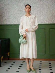 DAZY Váy xòe tay đèn lồng trơn, Váy thu - trắng - Xem 1