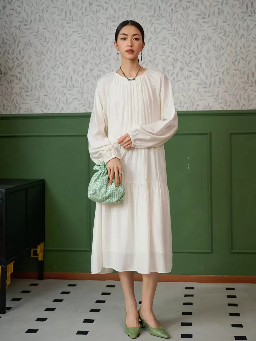 DAZY Váy xòe tay đèn lồng trơn, Váy thu - trắng - Xem 1