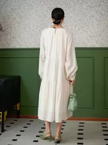 DAZY Váy xòe tay đèn lồng trơn, Váy thu - trắng - Xem 2