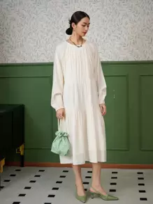 DAZY Váy xòe tay đèn lồng trơn, Váy thu - trắng - Xem 3