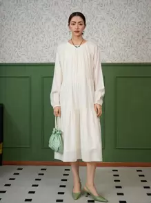 DAZY Váy xòe tay đèn lồng trơn, Váy thu - trắng - Xem 4