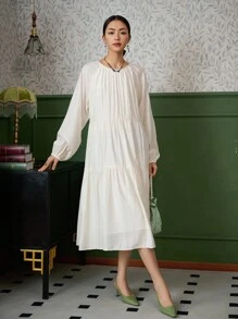 DAZY Váy xòe tay đèn lồng trơn, Váy thu - trắng - Xem 5