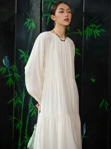 DAZY Váy xòe tay đèn lồng trơn, Váy thu - trắng - Xem 7