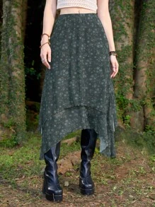 ROMWE Hippie Floral Print Asymmetrical Hem Skirt - Dark Green - View 1