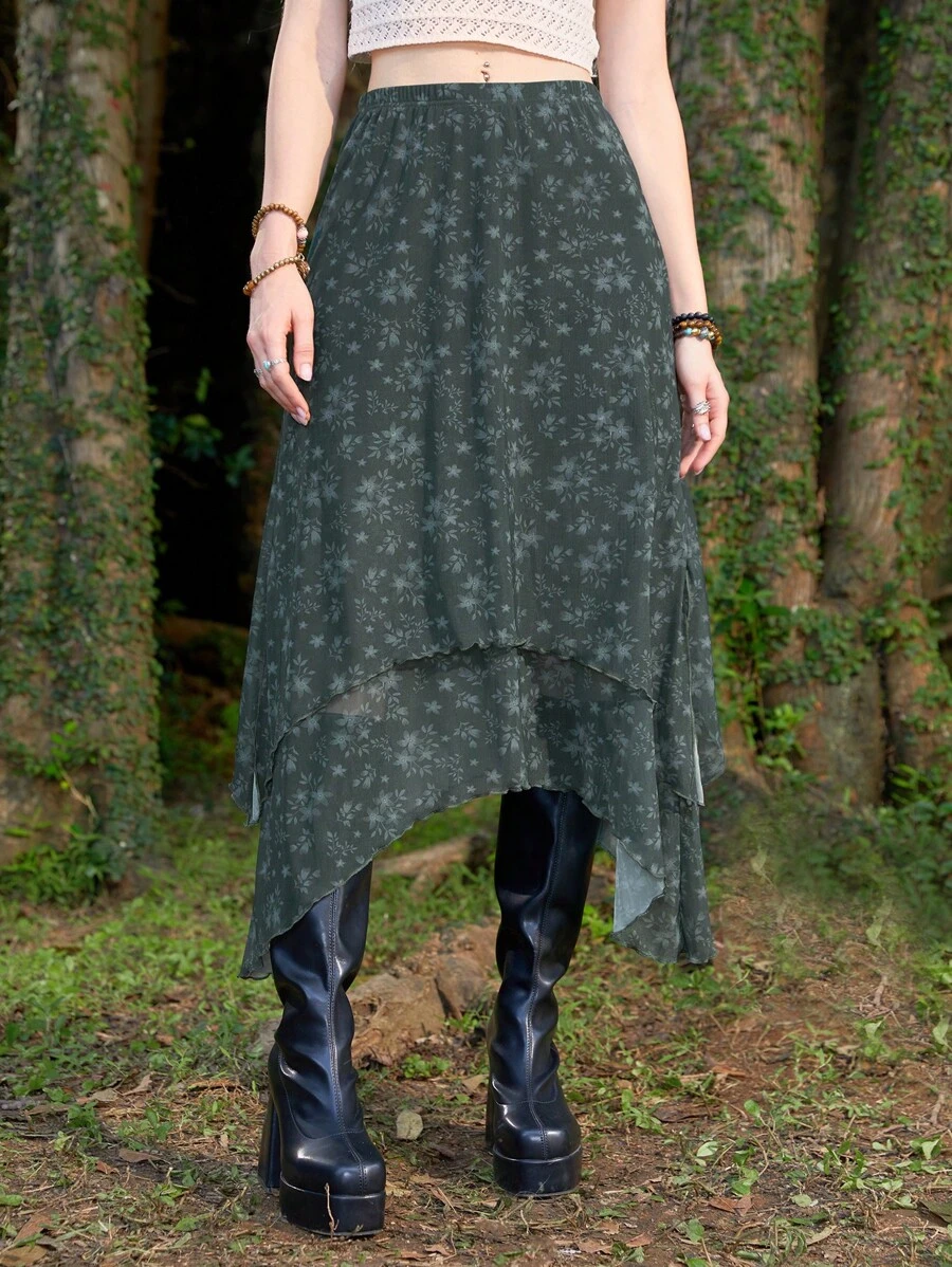ROMWE Hippie Floral Print Asymmetrical Hem Skirt - Dark Green - View 1