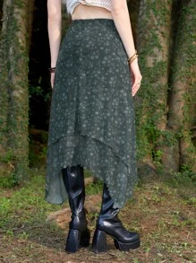 ROMWE Hippie Floral Print Asymmetrical Hem Skirt - Dark Green - View 2