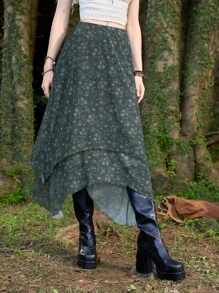 ROMWE Hippie Floral Print Asymmetrical Hem Skirt - Dark Green - View 3