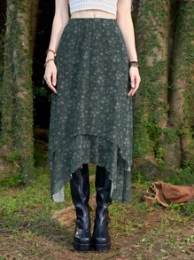 ROMWE Hippie Floral Print Asymmetrical Hem Skirt - Dark Green - View 4