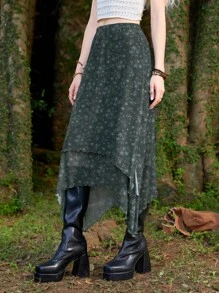 ROMWE Hippie Floral Print Asymmetrical Hem Skirt - Dark Green - View 5