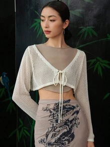 DAZY Nữ Cardigans cắt Thắt nơ trước màu trơn Giải trí - Màu be - Xem 1