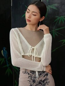 DAZY Nữ Cardigans cắt Thắt nơ trước màu trơn Giải trí - Màu be - Xem 4