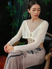 DAZY Nữ Cardigans cắt Thắt nơ trước màu trơn Giải trí - Màu be - Xem 5