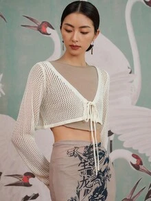 DAZY Nữ Cardigans cắt Thắt nơ trước màu trơn Giải trí - Màu be - Xem 6