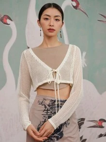 DAZY Nữ Cardigans cắt Thắt nơ trước màu trơn Giải trí - Màu be - Xem 7