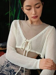 DAZY Nữ Cardigans cắt Thắt nơ trước màu trơn Giải trí - Màu be - Xem 8