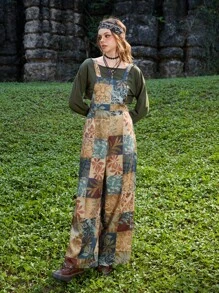 ROMWE Hippie Patchwork Print Wide Leg Overall Jumpsuit - Multicolor - View 2