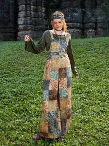 ROMWE Hippie Patchwork Print Wide Leg Overall Jumpsuit - Multicolor - View 5