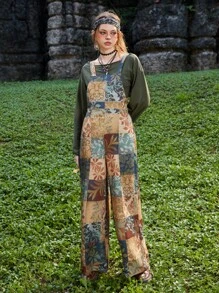 ROMWE Hippie Patchwork Print Wide Leg Overall Jumpsuit - Multicolor - View 7