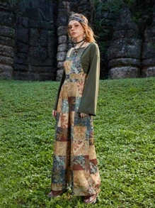 ROMWE Hippie Patchwork Print Wide Leg Overall Jumpsuit - Multicolor - View 9