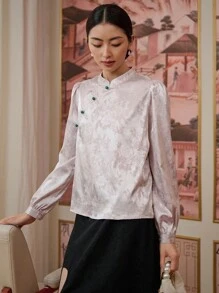 DAZY Áo sơ mi nữ Nút màu trơn Thanh lịch - Màu be - Xem 4