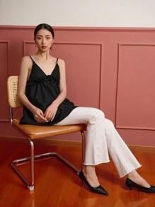 DAZY Áo khoác và áo lót dành cho xe tăng nữ Lộ Lưng viền lá sen màu trơn Giải trí - màu đen - Xem 6