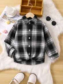 SHEIN Cô Gái Trẻ Đen & Trắng Kẻ sọc Hoạt hình Lá thư Màu hồng In Hoa Áo sơ mi Với Vòng cổ Và Tay thường Cho mùa hè - Đen và trắng - Xem 2