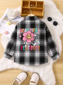 SHEIN Cô Gái Trẻ Đen & Trắng Kẻ sọc Hoạt hình Lá thư Màu hồng In Hoa Áo sơ mi Với Vòng cổ Và Tay thường Cho mùa hè - Đen và trắng - Xem 1